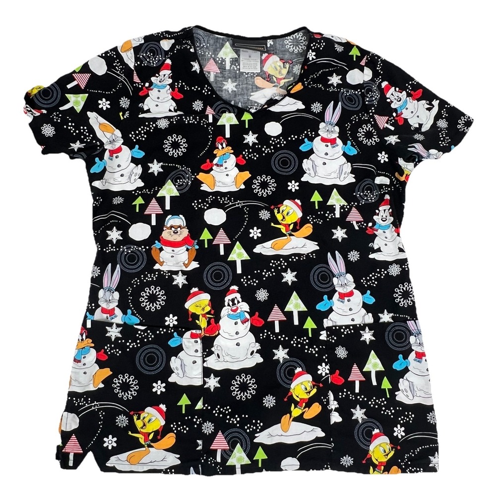 Looney Tunes Sylvester/Bugs/Daffy/Taz Winter Snow Scrub Top Pockets Size M